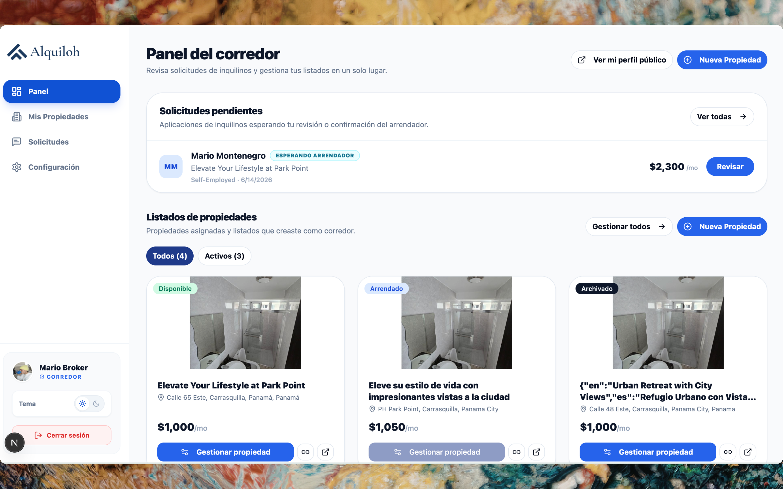 Alquiloh dashboard — gestión de propiedades con IA